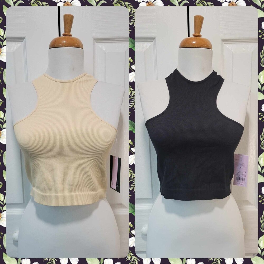 Bundle of 2 WILD FABLE Ribbed High Neck Cropped Bra Tops sz S NWT, Black/Beige